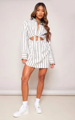 Robe Chemise Rayée Grise à Manches Longues Et Détail Noué Devant -Pas Cher Tendance Charme Magasin 5faffc56f9dea4ab516fcd8d830245883f9ab3c6 cne2857 3