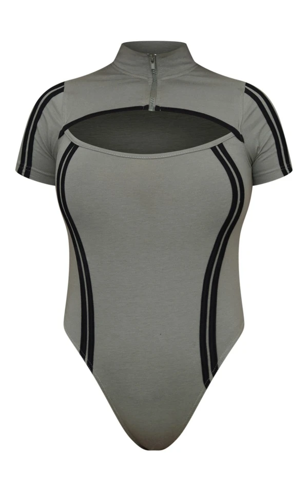 Body Découpé Kaki à Manches Courtes Et Détail Bandes 5 Body Découpé Kaki à Manches Courtes Et Détail Bandes – Image 5