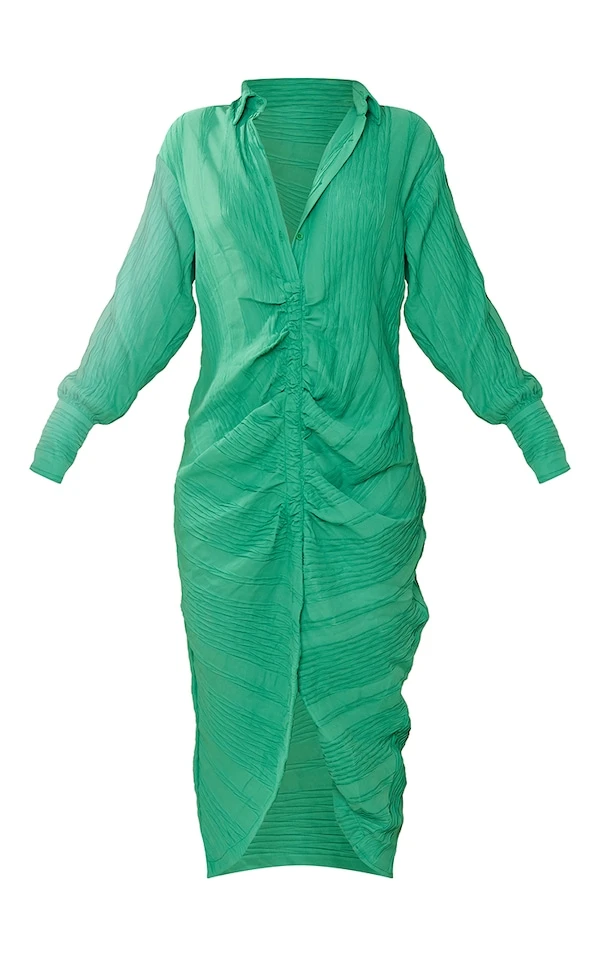 Robe Chemise Mi-longue Texturée Verte à Manches Longues Et Fronces 5 Robe Chemise Mi-longue Texturée Verte à Manches Longues Et Fronces – Image 5
