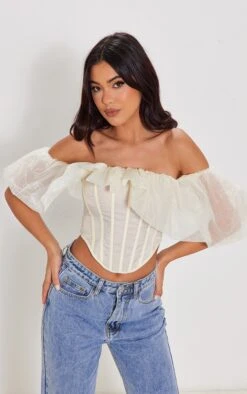 Corset En Mousseline De Soie Crème à Col Bardot Et Manches Bouffantes