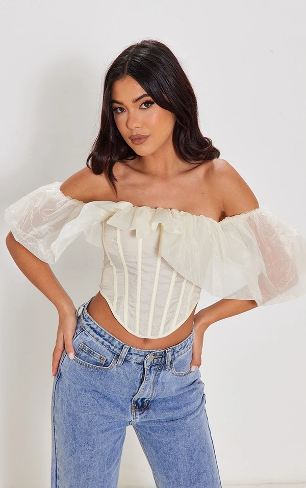 Corset En Mousseline De Soie Crème à Col Bardot Et Manches Bouffantes 1 Corset En Mousseline De Soie Crème à Col Bardot Et Manches Bouffantes