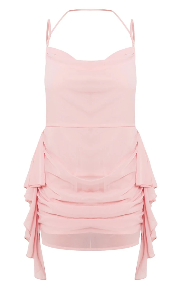 Robe Droite En Mousseline De Soie Rose Pâle Volantée à Col Bénitier Et Dos Nu Noué 5 Robe Droite En Mousseline De Soie Rose Pâle Volantée à Col Bénitier Et Dos Nu Noué – Image 5