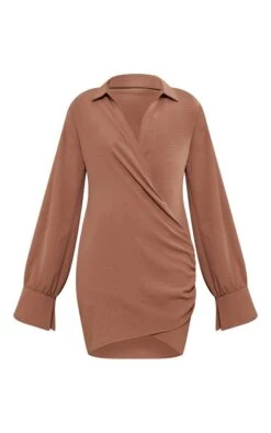 Robe Chemise Tissée Chocolat Texturée Très Décolletée à Manchettes évasées -Pas Cher Tendance Charme Magasin 6972af41163c2e521ed3ec62ffdc9457e0bbb469 cnb9161 5