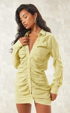 Robe Chemise Vert Olive Texturée Froncée à Boutons