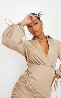 Robe Chemise Moulante Décolletée Gris Pierre Froncée à Manchettes Nouées -Pas Cher Tendance Charme Magasin 6b7d566da162291760cede7a23d003ca0b0e14e6 cmo2092 4