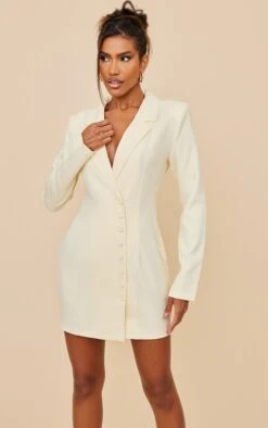 Robe Blazer Tissée Crème à Boutons