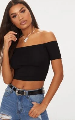 Essentiel Crop Top Noir à Col Bardot