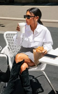 Robe Chemise Blanche à Poches Et Manches Longues