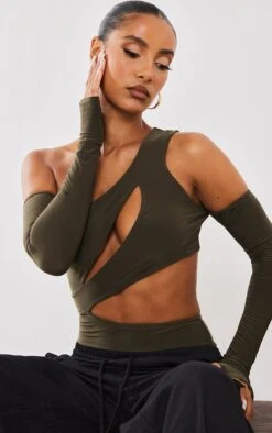 Logic Body Moulant Découpé Kaki à épaules Dénudées Et Trous Pour Les Pouces