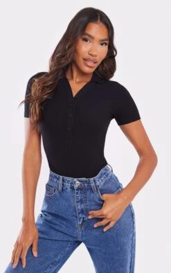 Body Côtelé Noir à Manches Courtes Et Boutons