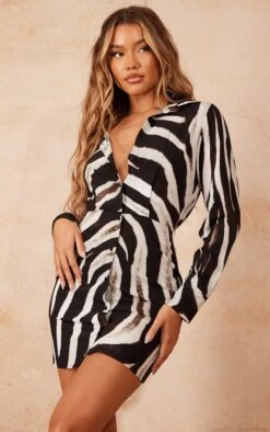 Robe Chemise Noir & Blanc Imprimé Zèbre à Manches Longues