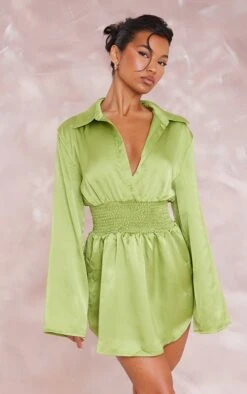 Robe Chemise Satinée Vert Olive à Taille Froncée