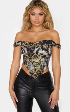 Top Corset En Maille Noire Imprimé Baroque à Col Bardot