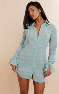 Robe Chemise En Mousseline De Soie Vert Sauge Texturée Transparente à Manchettes évasées