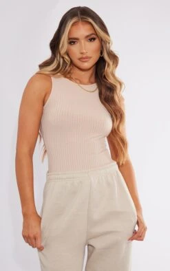 Body Sans Manches Gris Pierre Côtelé à Taille Cintrée