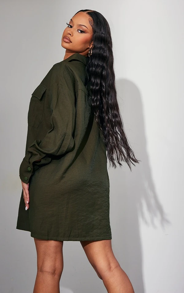 Robe Chemise Oversize Kaki Foncé à Boutons-pression 2 Robe Chemise Oversize Kaki Foncé à Boutons-pression – Image 2