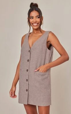 Robe Blazer Style Gilet Oversize Chocolat En Maille Sergée à Carreaux