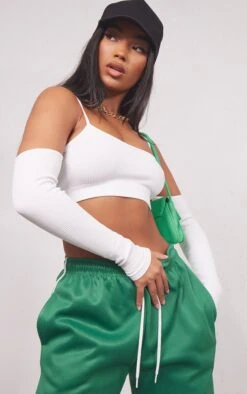 Crop Top Blanc Côtelé à épaules Dénudées Détail Contours