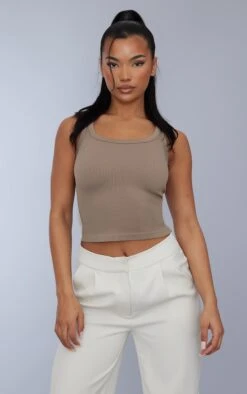 Débardeur Côtelé Café à Détail Contours Et Col Rond