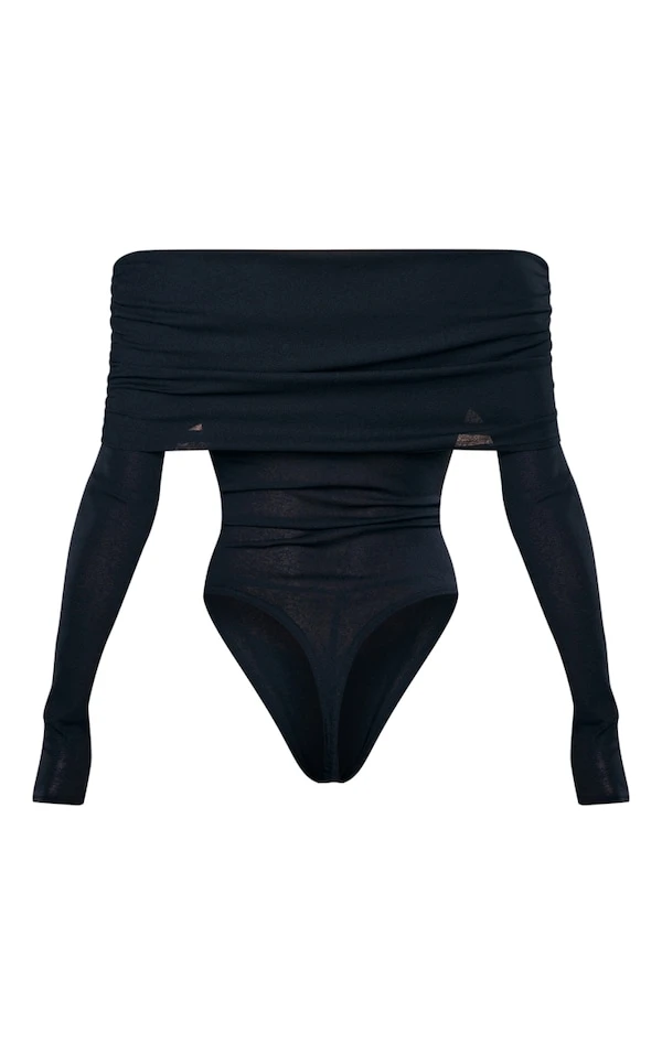 Body Noir Froncé Texturé Transparent Très Replié à Col Bardot 6 Body Noir Froncé Texturé Transparent Très Replié à Col Bardot – Image 6