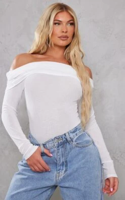 Pas Cher Tendance Charme Magasin 35 Body Blanc Froncé Texturé Transparent Très Replié à Col Bardot