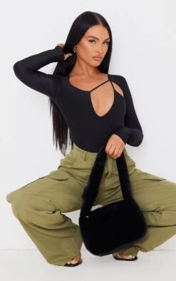 Logic Body Moulant Noir Manches Longues à Lanières Et Découpes