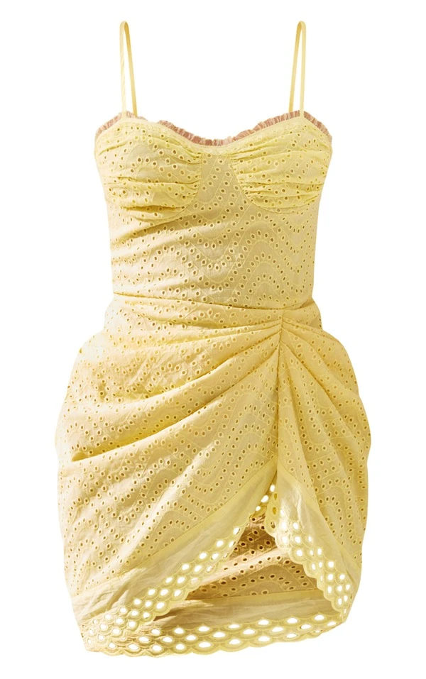 Robe Droite Jaune Citron En Broderie à Jupe Drapée Et Nouée 5 Robe Droite Jaune Citron En Broderie à Jupe Drapée Et Nouée – Image 5