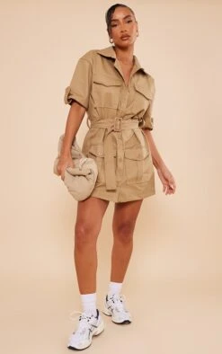 Robe Chemise Cargo Sable Clair Ceinturée à Manches -Pas Cher Tendance Charme Magasin 87032763cf43a0da232a41cb96642eb444040f55 cne1512 3