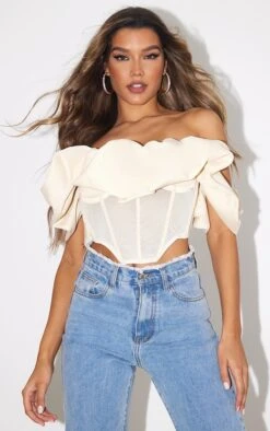 Corset Tissé Crème à Col Bardot Froncé Et Parties En Mesh -Pas Cher Tendance Charme Magasin 8959a1e69af08690f8e4f9a1d1cd75bdb225ae3d cmu7631 3