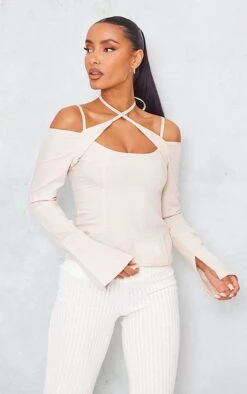 Top Gris Pierre Effet Lin à épaules Dénudées