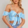 Bralette Satinée Bleu Cendré à Col Bardot Avec Noeud Et Buste Froncé