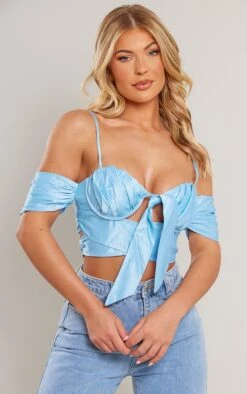 Pas Cher Tendance Charme Magasin 21 Bralette Satinée Bleu Cendré à Col Bardot Avec Noeud Et Buste Froncé