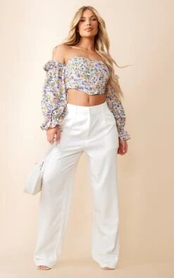 Crop Top Fleuri Lilas à Col Bardot Et Liserés Structurants