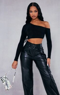 Crop Top Asymétrique Noir En Acétate Moulant