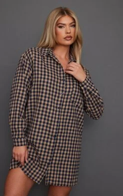 Robe Chemise Bleue Brossée Oversize à Carreaux Et Ourlet élimé
