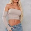 Crop Top Gris Pierre Côtelé à Col Bardot Et Contours Structurés