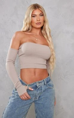 Crop Top Gris Pierre Côtelé à Col Bardot Et Contours Structurés