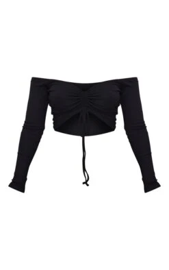 Crop Top Côtelé Noir à Col Bardot Froncé Devant -Pas Cher Tendance Charme Magasin 92b454a2918ad50c00a889745f36f2f5c85a975f cnd0935 5