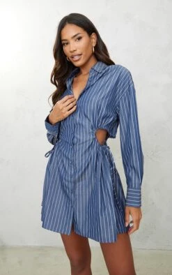 Robe Chemise Bleu Foncé à Taille Froncée Et Découpée