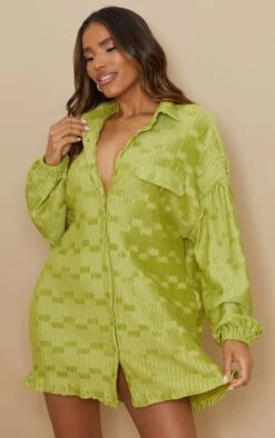 Robe Chemise Oversize Vert Olive Crêpée Et Plissée