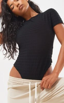 Body Manches Courtes Transparent Noir à Rayures Texturées -Pas Cher Tendance Charme Magasin 99481b0a801b0539516484acc1c5c8685b30cb36 cne6020 4