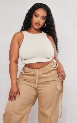 Plus Débardeur Court Froncé Côtelé Gris Pierre à Cordons Ajustables