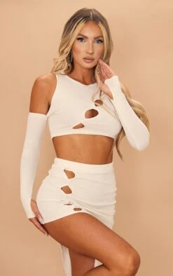 Crop Top Gris Pierre Côtelé Découpé à épaules Dénudées