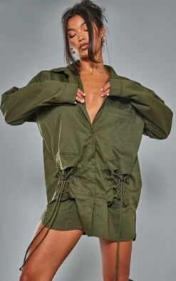 Robe Chemise Oversize En Maille Sergée Kaki à Poches Lacées