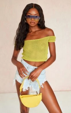 Top En Maille Tricot Douce Ajourée Vert Citron à épaules Dénudées