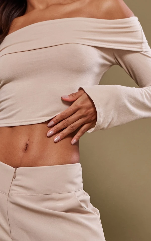 Crop Top Gris Pierre En Jersey à Col Bardot Replié 4 Crop Top Gris Pierre En Jersey à Col Bardot Replié – Image 4