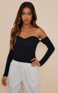 Top Bustier Stretch Noir En Maille Tissée à épaules Dénudées