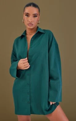 Robe Chemise Oversize En Popeline Vert Forêt à Mancherons Larges