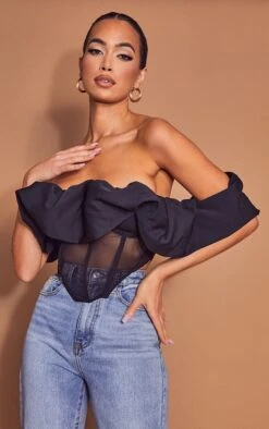 Corset Tissé Noir à Col Bardot Froncé Et Parties En Mesh