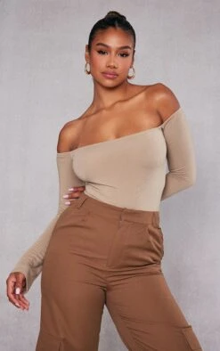 Body En Jersey Doux Taupe à Col Bardot